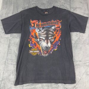 Vintage Harley Davidson Cycle No Boundaries Wolf Flame T Shirt Men XL Black 1996